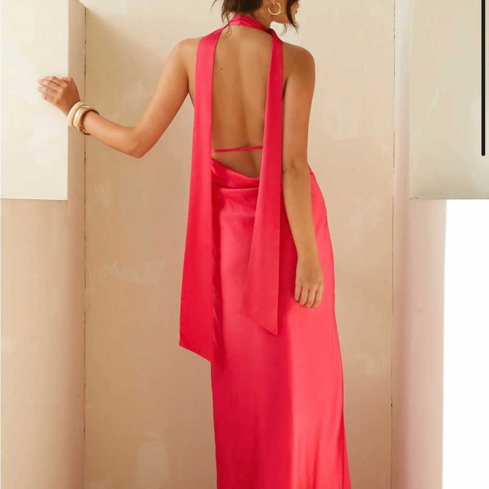 Peppermayo Satin Halter Maxi Dress in Hot Pink - Picture 2 of 5